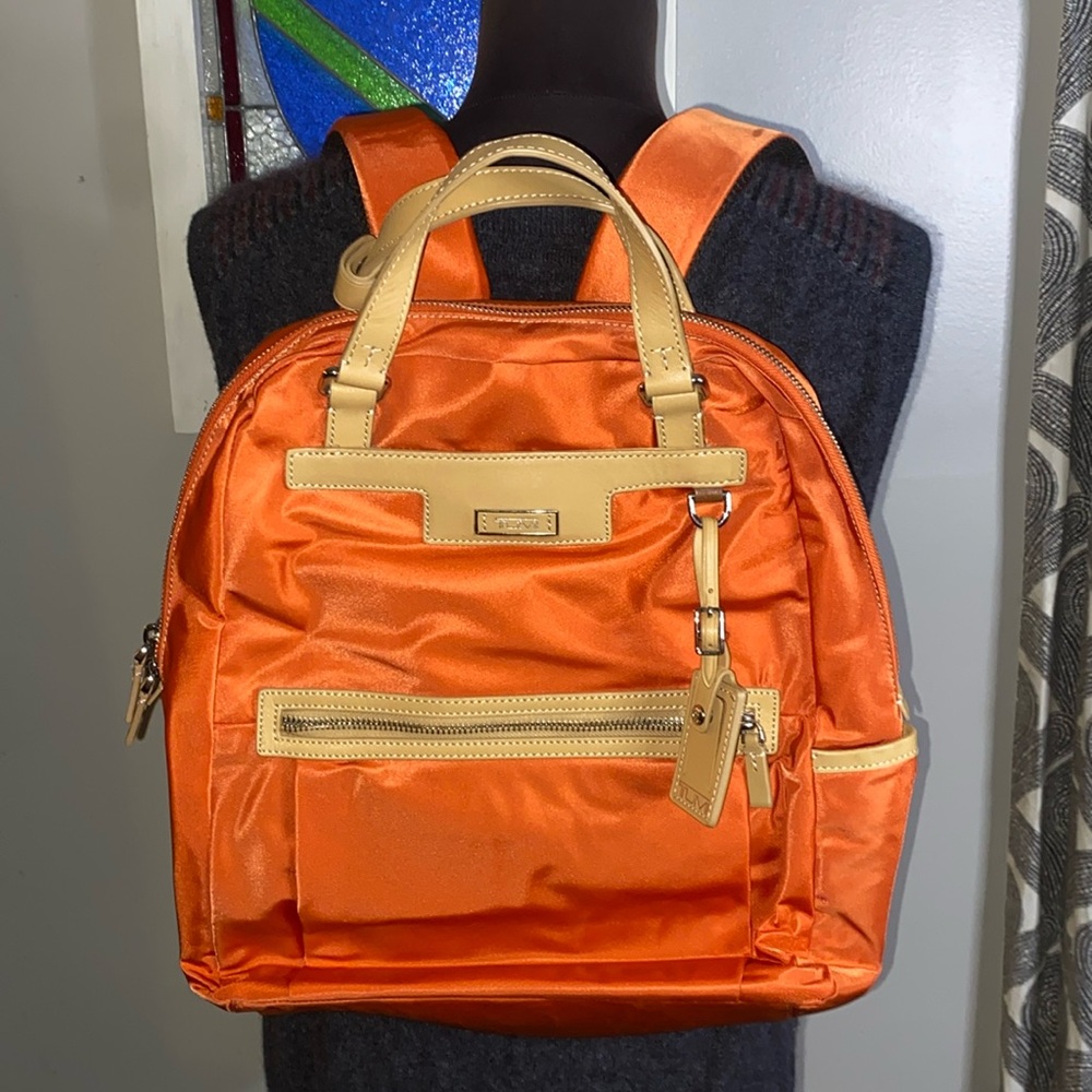 Tumi Orange Nylon Backpack with Tan Leather Accents